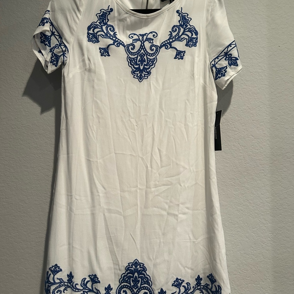 Lulu's White and Blue Boxy Mini Dress